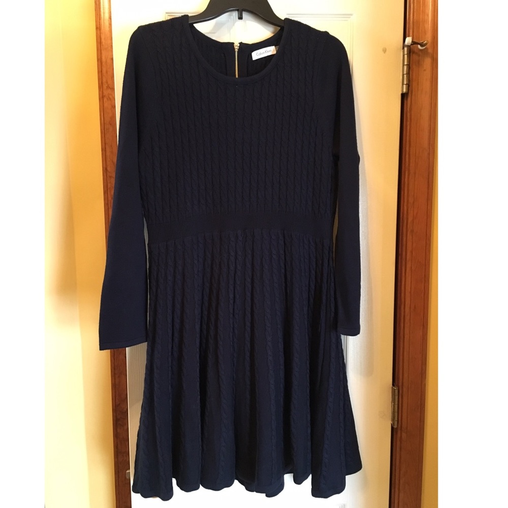 Blue Pleated Fit and Flare Long Sleeve Dress